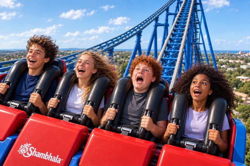 Підлітки на атракціоні Shambhala в парку PortAventura, Іспанія